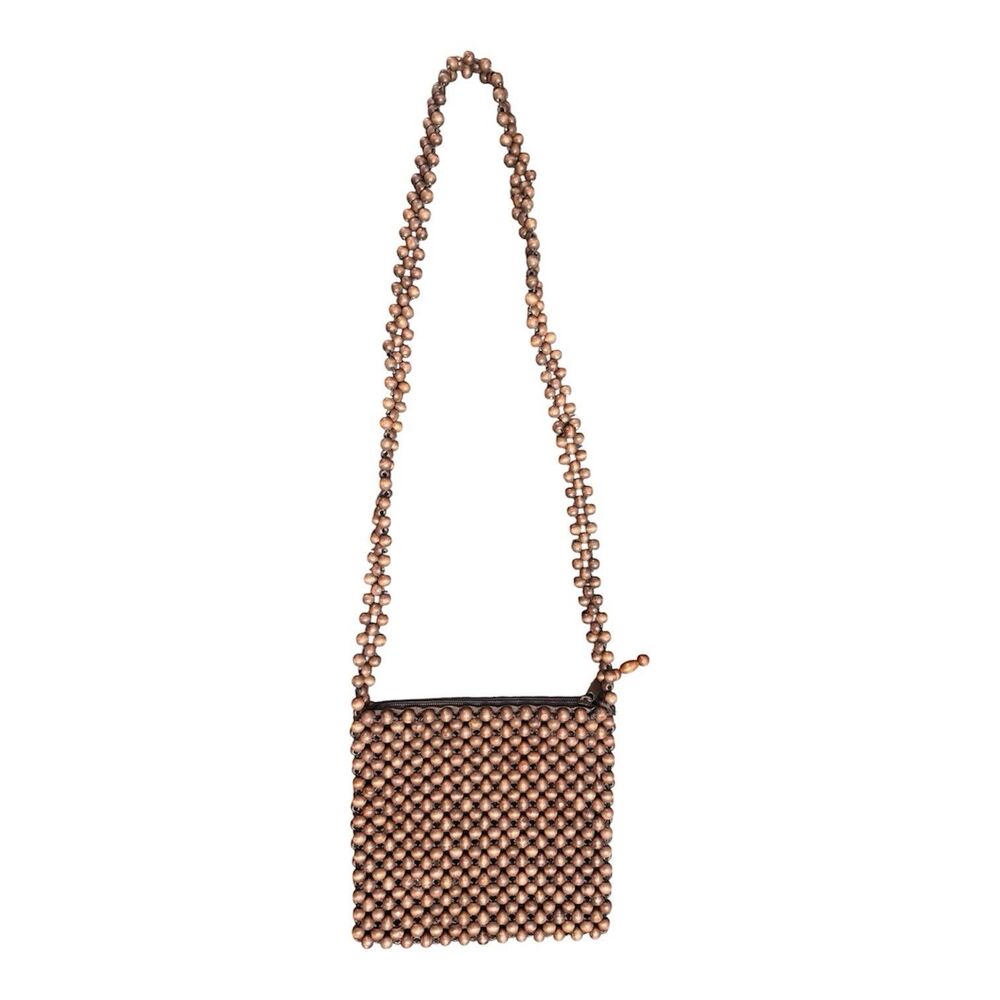 Vintage Wood Beaded Shoulder Strap Purse Brown Small
